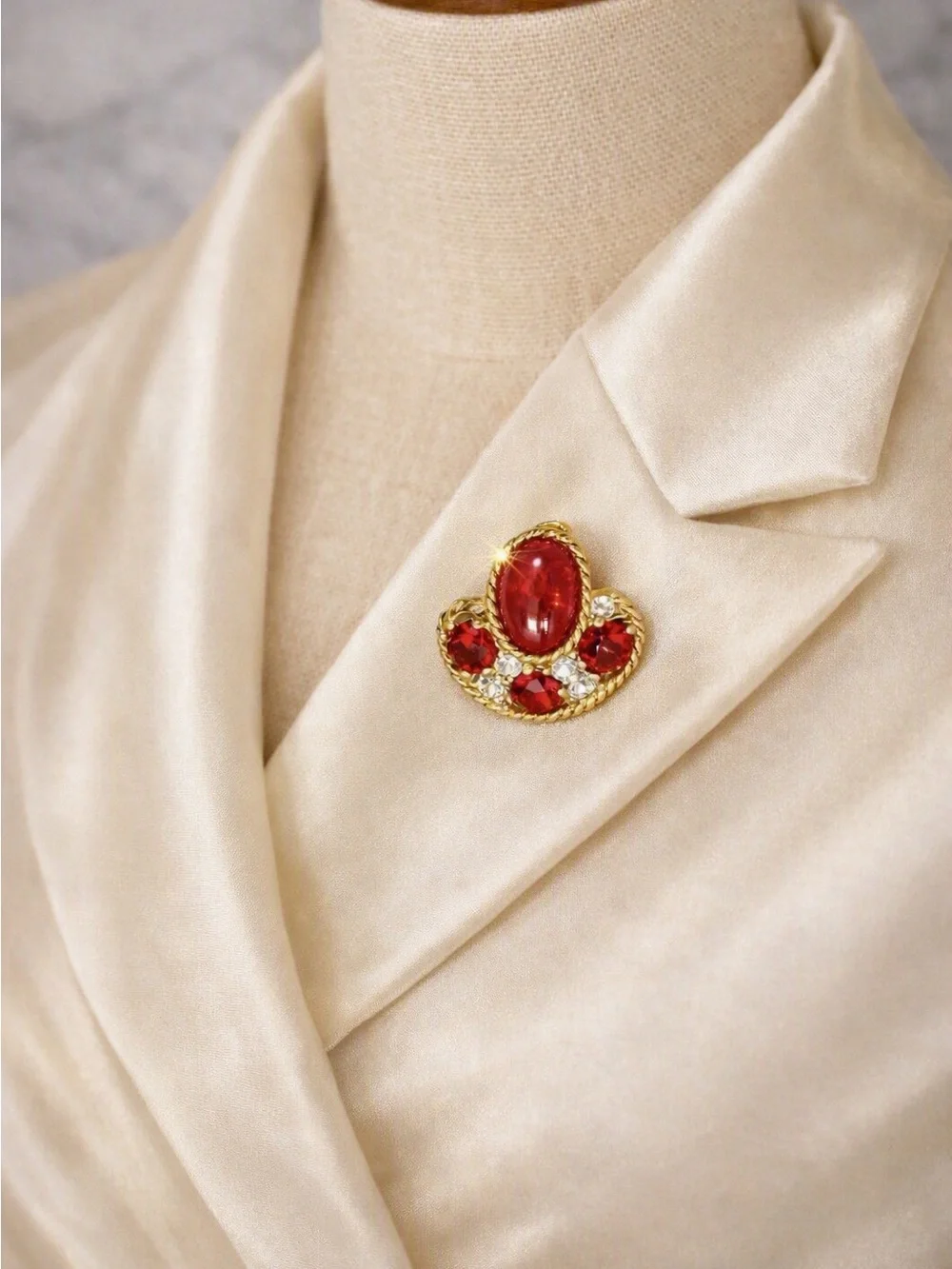 1940s Signed Eisenberg Ruby Jelly Belly Scatter Pin • Red Cabochon & Rhinestone